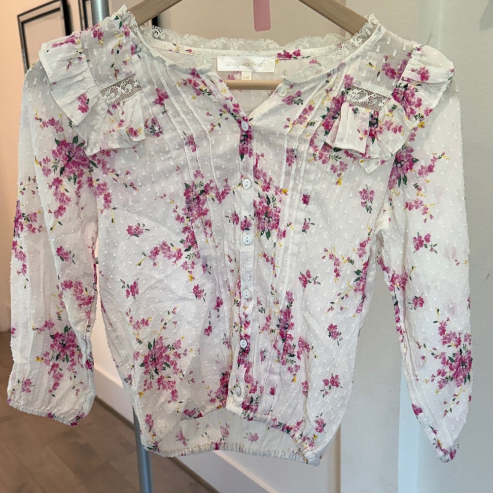 LoveShackFancy Floral Blouse in White and Pink